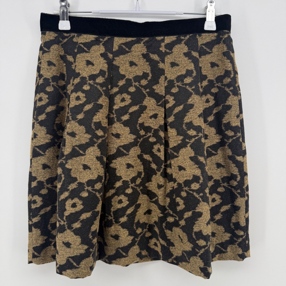 Ann Taylor LOFT Petite Black Gold Floral Jacquard Pleated A-Line Skirt 2P
